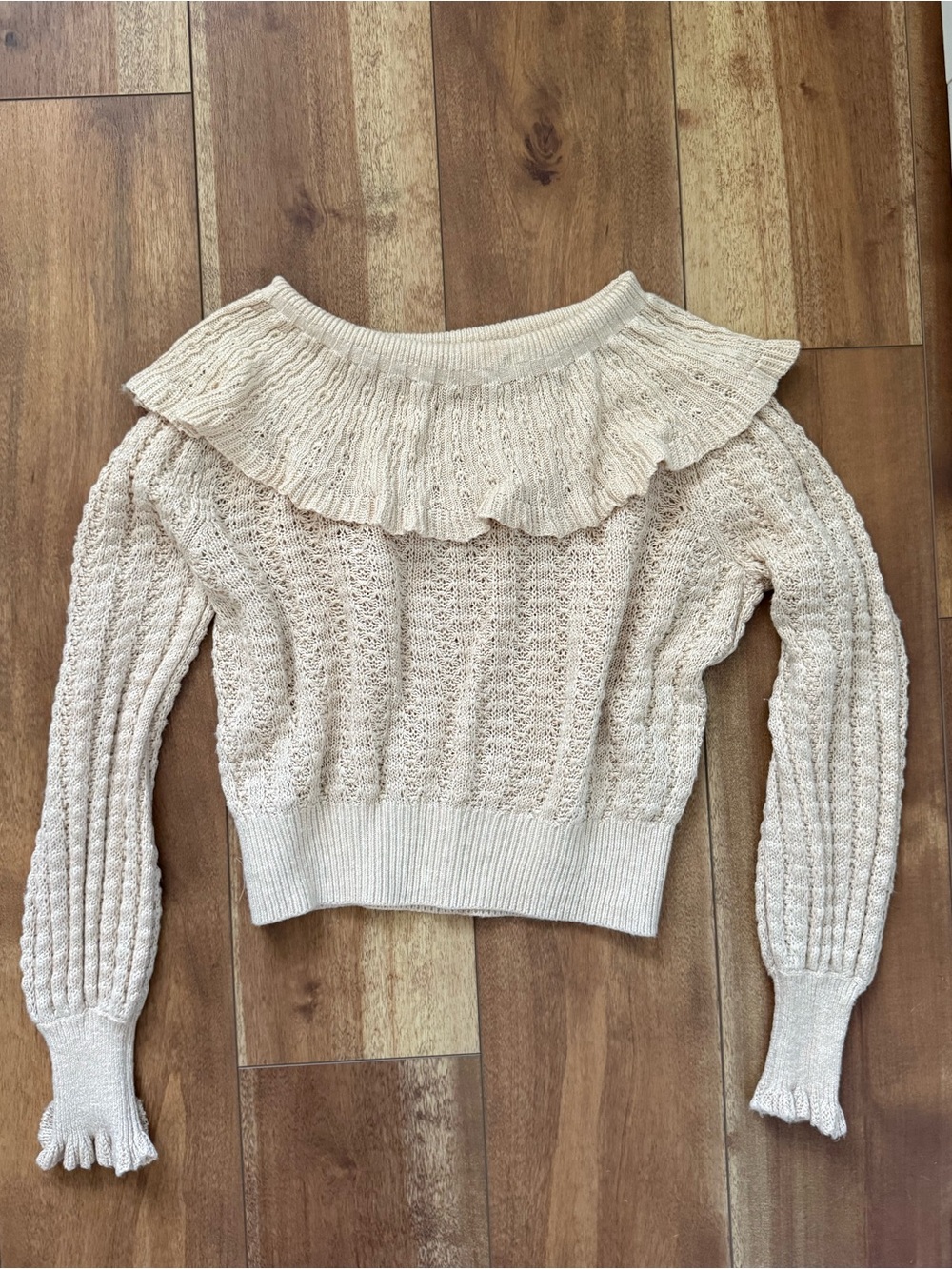 Free People Cream Ruffle Knit Sweater